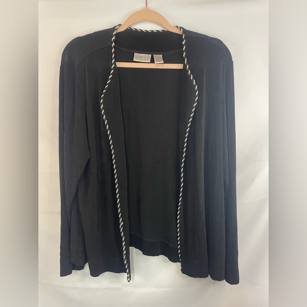 Chico's Black Open-Front Cardigan with Contrast Trim